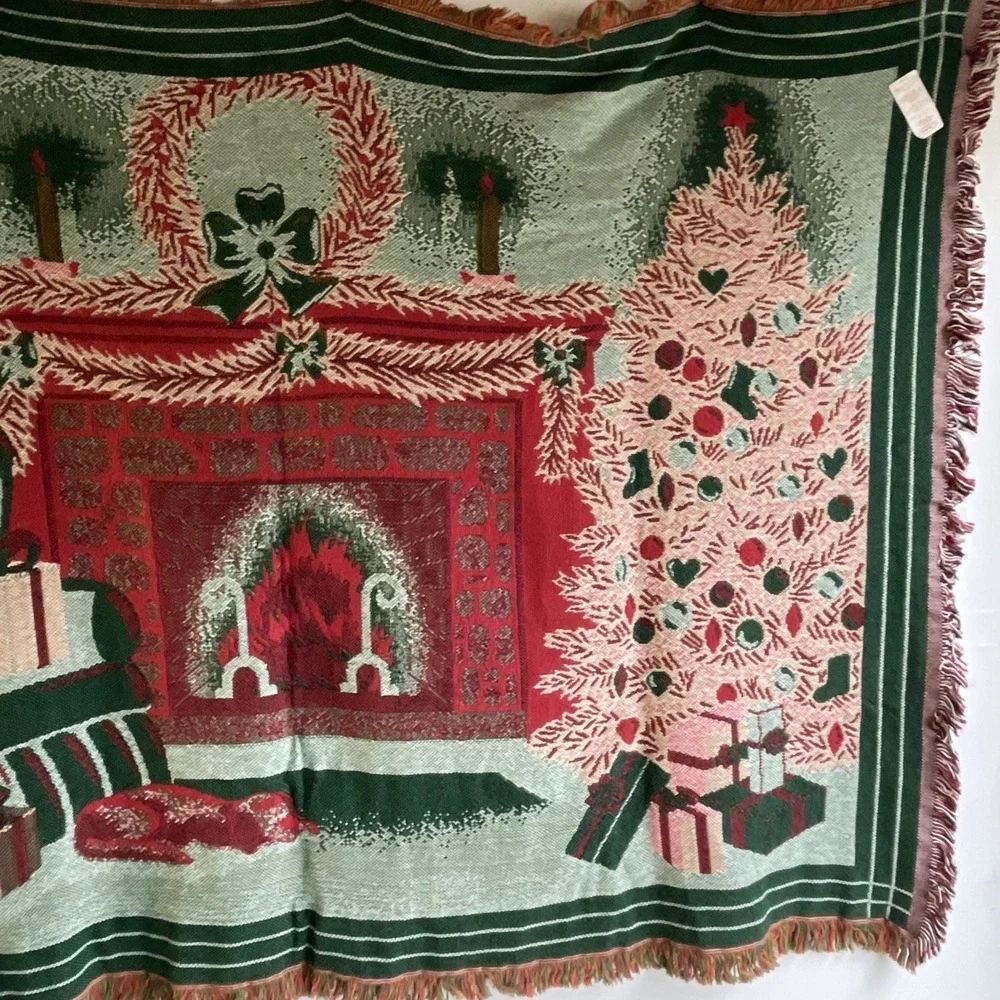 VTG Chatham Christmas Fireplace Tapestry, Woven Throw / Wall Hanging